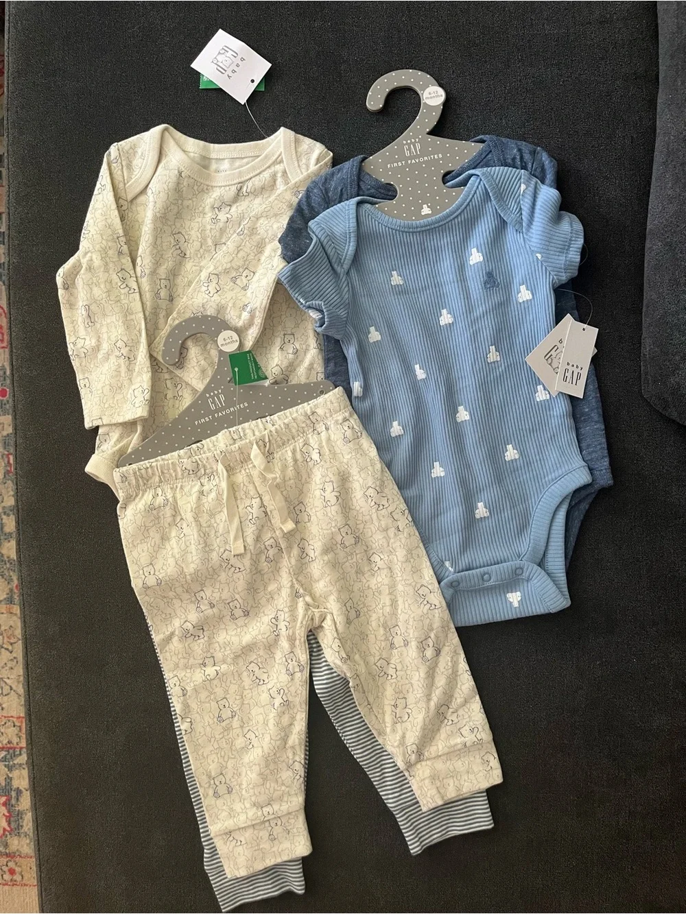 GAP Blue Ribbed & Cream Printed Baby Onesie and Pants Sets 6-9months Bundle